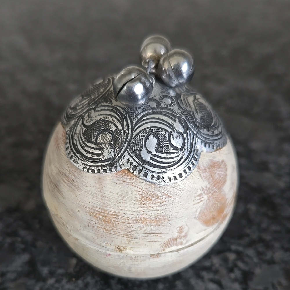 Handmade in Thailand Round Wood Trinket Box with Silver Metal Decorative Top